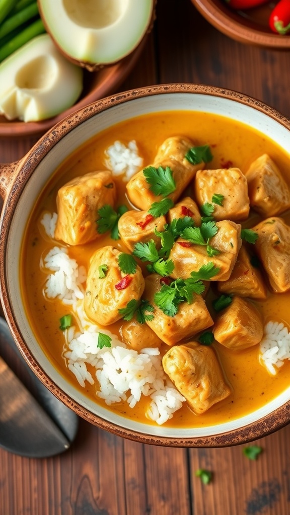 A bowl of pork curry with coconut milk and cilantro served over rice, set on a rustic table.